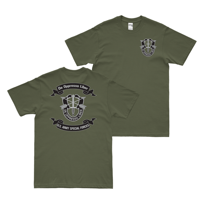 Double-Sided Special Forces De Oppresso Liber Scroll T-Shirt Tactically Acquired Small Military Green 