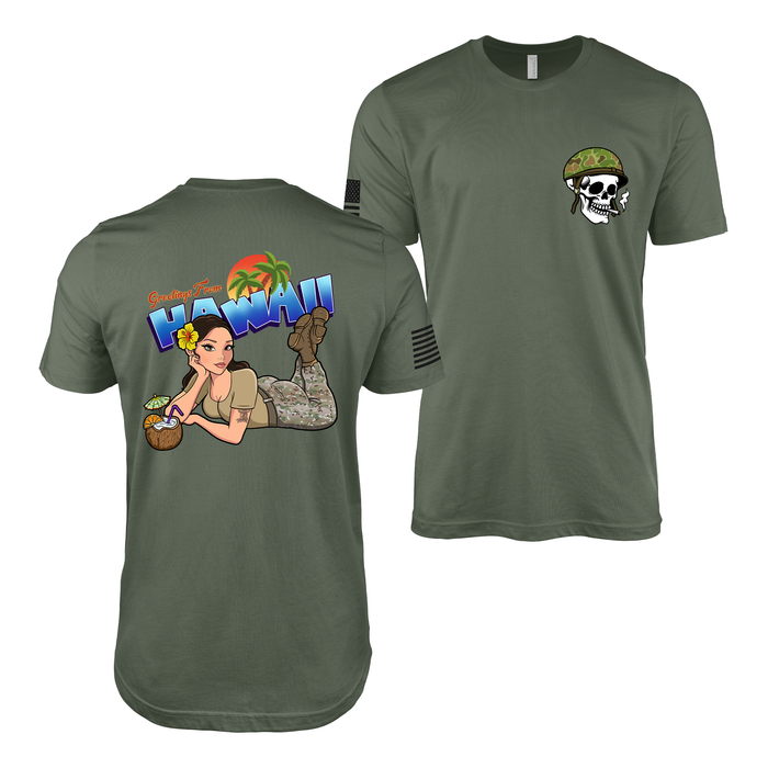 Greetings From Hawaii U.S. Army Pin Up Girl Kayla T-Shirt Tactically Acquired Military Green Small