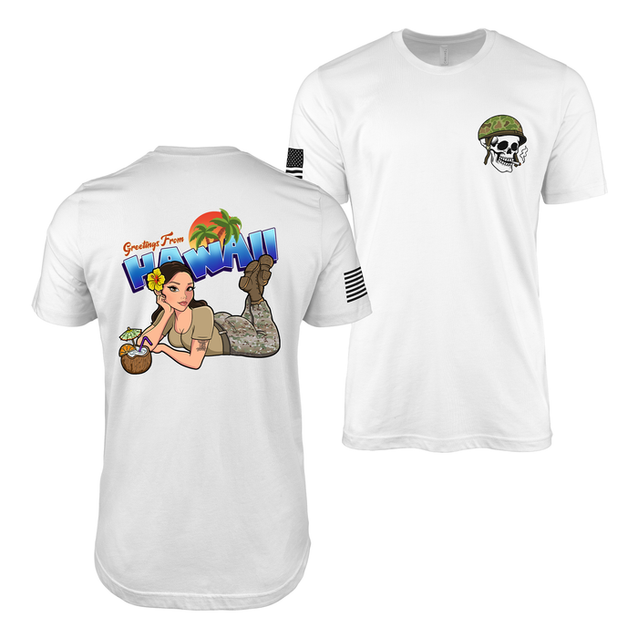 Greetings From Hawaii U.S. Army Pin Up Girl Kayla T-Shirt Tactically Acquired White Small