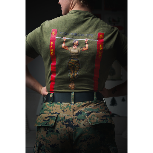 USMC Pin-Up Girl Ari “PT: Good for Me, Good for You” T-Shirt - Marine Corps Fitness Design Tactically Acquired