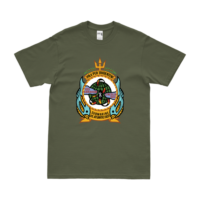 USS Abraham Lincoln (SSBN-602) Emblem T-Shirt Tactically Acquired Military Green Clean Small
