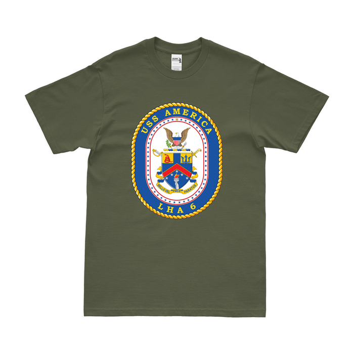 USS America (LHA-6) Emblem T-Shirt Tactically Acquired Military Green Clean Small