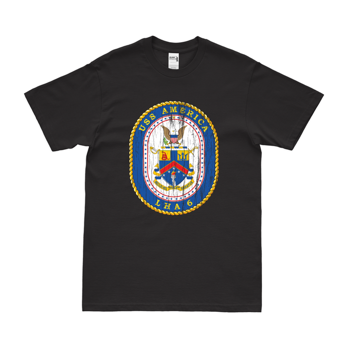 USS America (LHA-6) Emblem T-Shirt Tactically Acquired Black Distressed Small