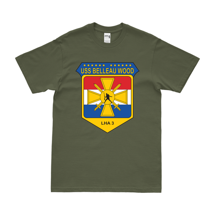 USS Belleau Wood (LHA-3) Emblem T-Shirt Tactically Acquired Military Green Clean Small