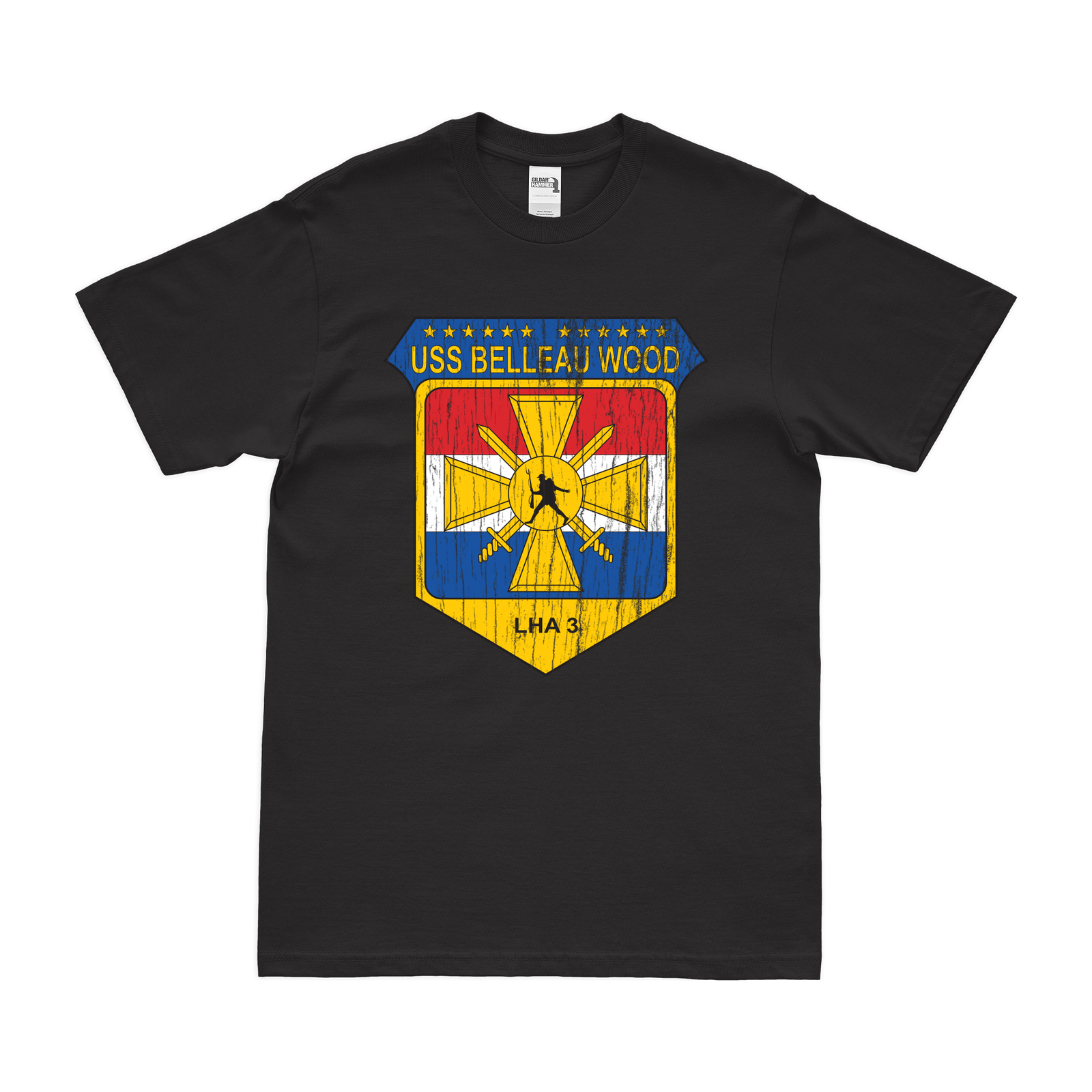 USS Belleau Wood (LHA-3) Emblem T-Shirt Tactically Acquired Black Distressed Small