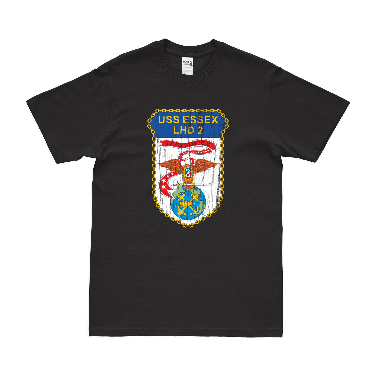 USS Essex (LHD-2) Emblem T-Shirt Tactically Acquired Black Distressed Small