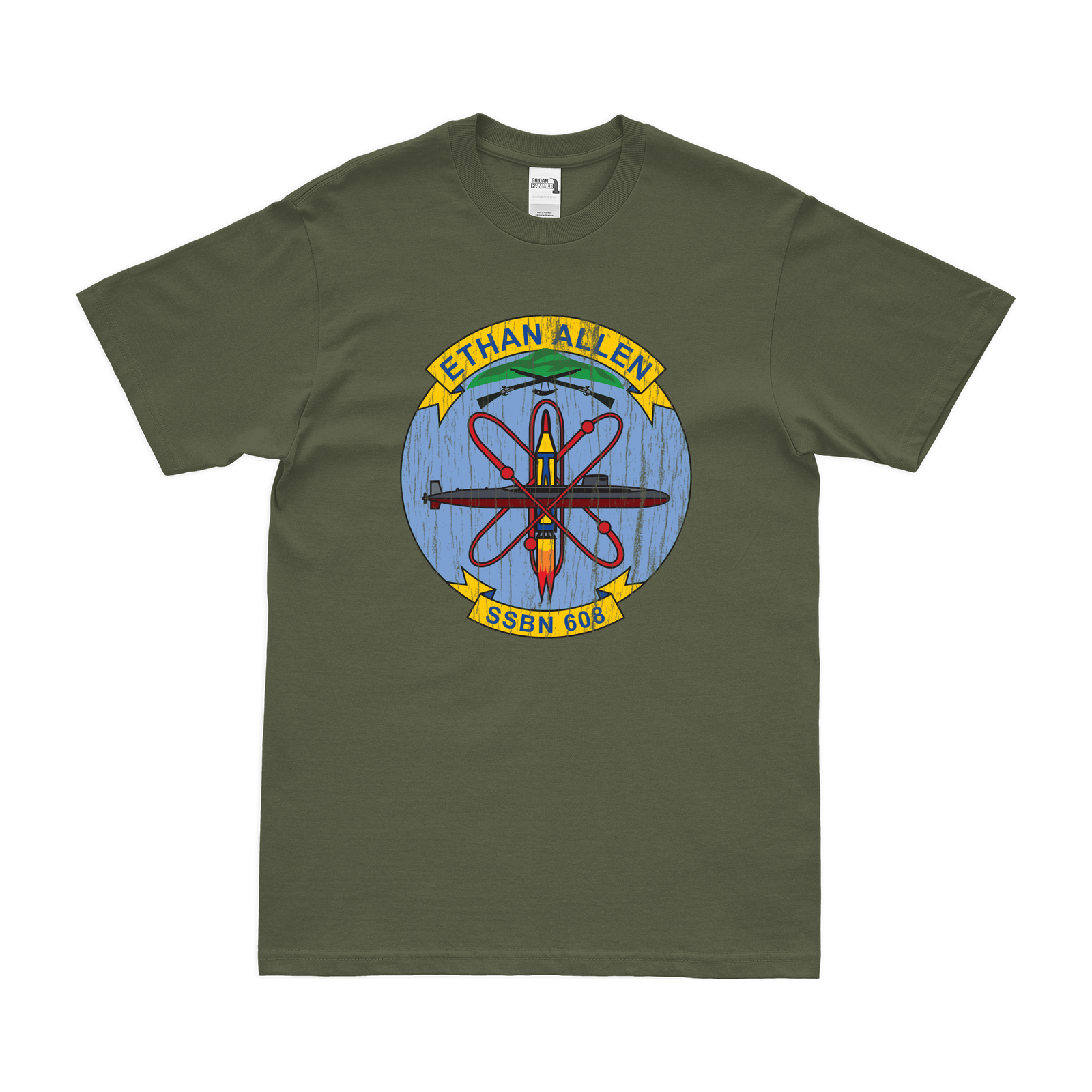 USS Ethan Allen (SSBN-608) Ballistic-Missile Submarine T-Shirt Tactically Acquired Military Green Distressed Small