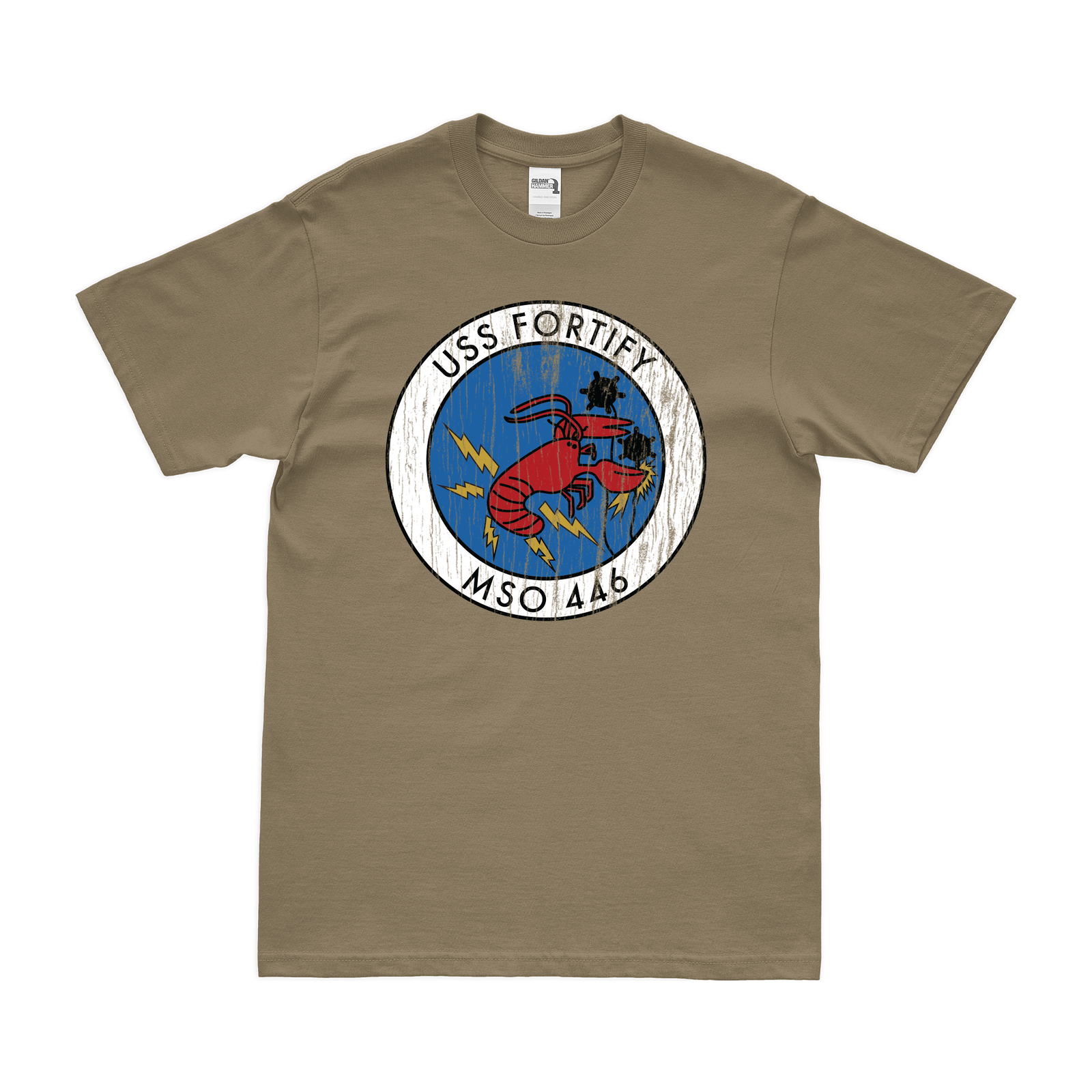 Distressed USS Fortify (MSO-446) Logo Emblem T-Shirt Tactically Acquired Small Coyote Brown 