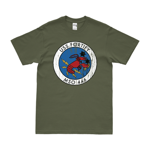 Distressed USS Fortify (MSO-446) Logo Emblem T-Shirt Tactically Acquired Small Military Green 