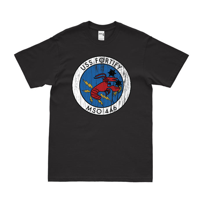 Distressed USS Fortify (MSO-446) Logo Emblem T-Shirt Tactically Acquired Small Black 