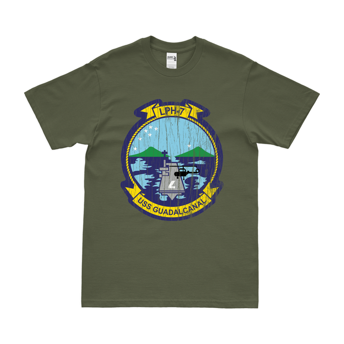 USS Guadalcanal (LPH-7) Emblem T-Shirt Tactically Acquired Military Green Distressed Small