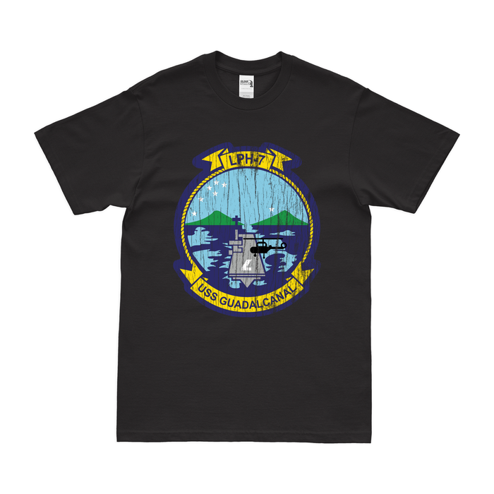 USS Guadalcanal (LPH-7) Emblem T-Shirt Tactically Acquired Black Distressed Small
