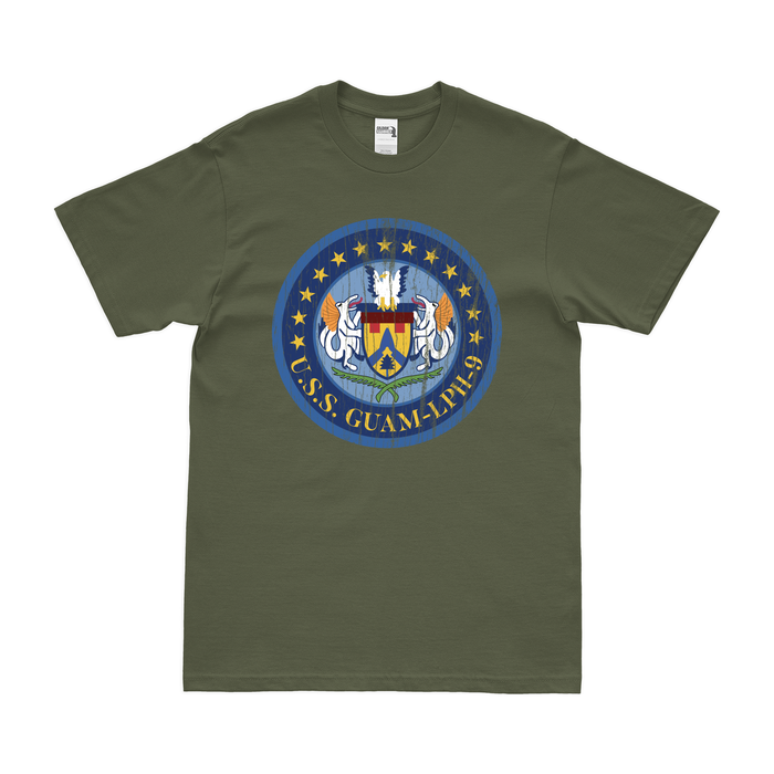 USS Guam (LPH-9) Emblem T-Shirt Tactically Acquired Military Green Distressed Small