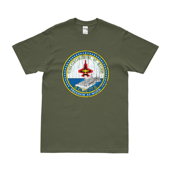 USS George H.W. Bush (CVN-77) T-Shirt Tactically Acquired Military Green Distressed Small