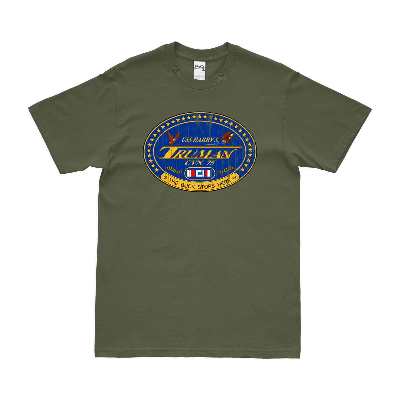 USS Harry S. Truman (CVN-75) Logo T-Shirt Tactically Acquired Military Green Distressed Small