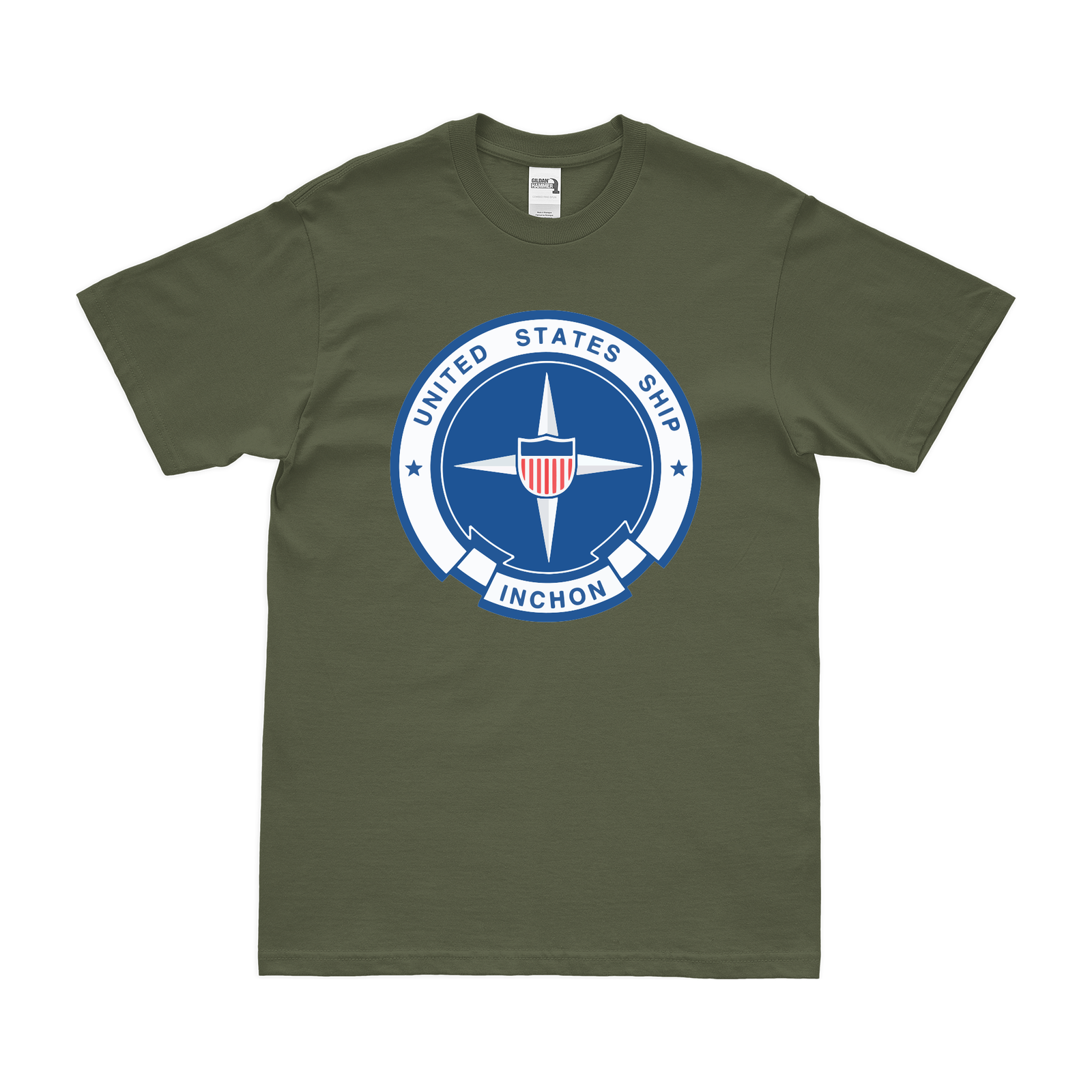 USS Inchon (LPH-12) Emblem T-Shirt Tactically Acquired Military Green Clean Small