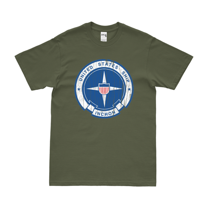 USS Inchon (LPH-12) Emblem T-Shirt Tactically Acquired Military Green Distressed Small
