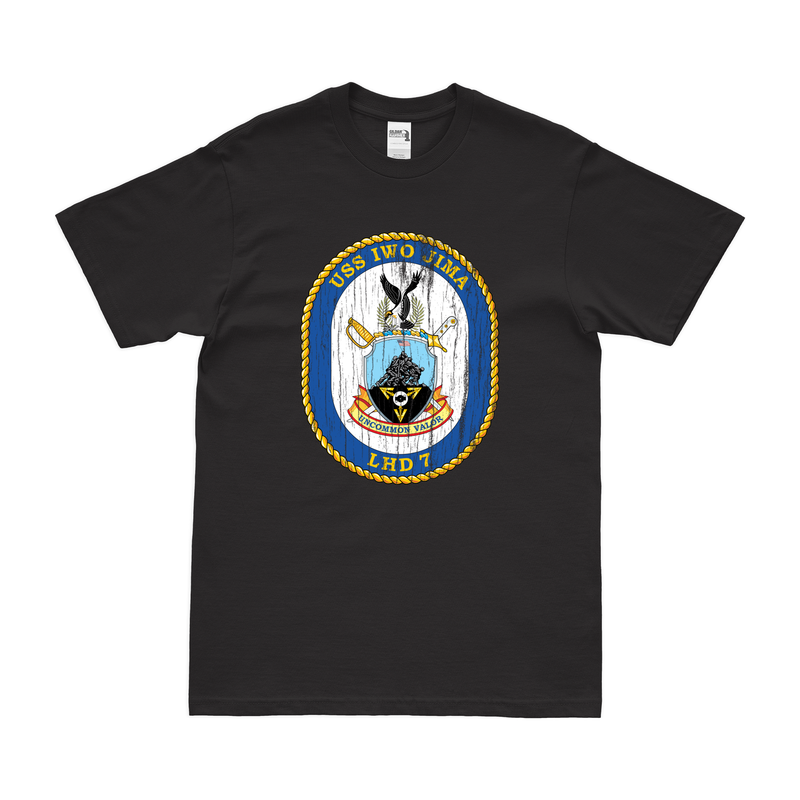USS Iwo Jima (LHD-7) Emblem T-Shirt Tactically Acquired Black Distressed Small