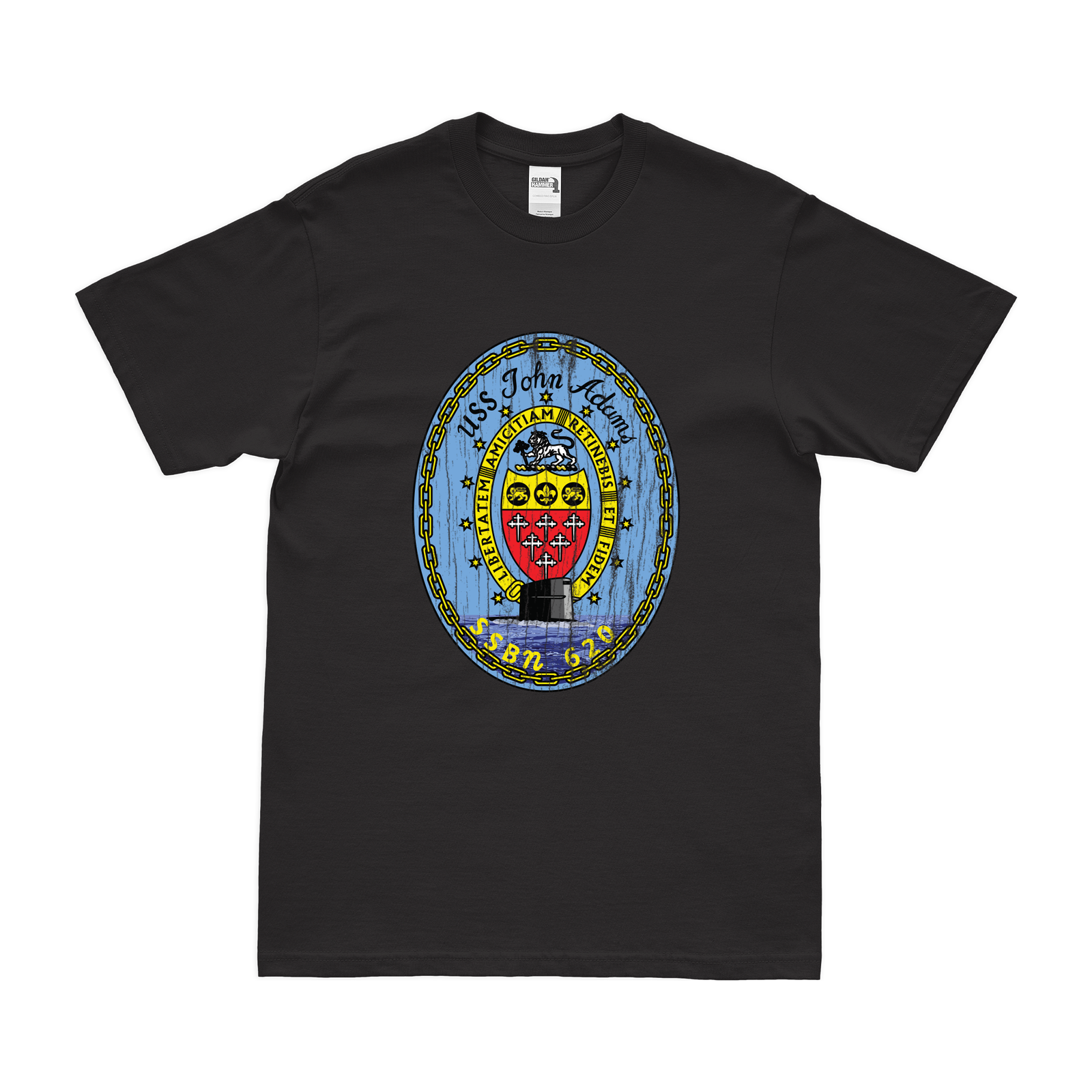 USS John Adams (SSBN-620) Ballistic-Missile Submarine T-Shirt Tactically Acquired Black Distressed Small