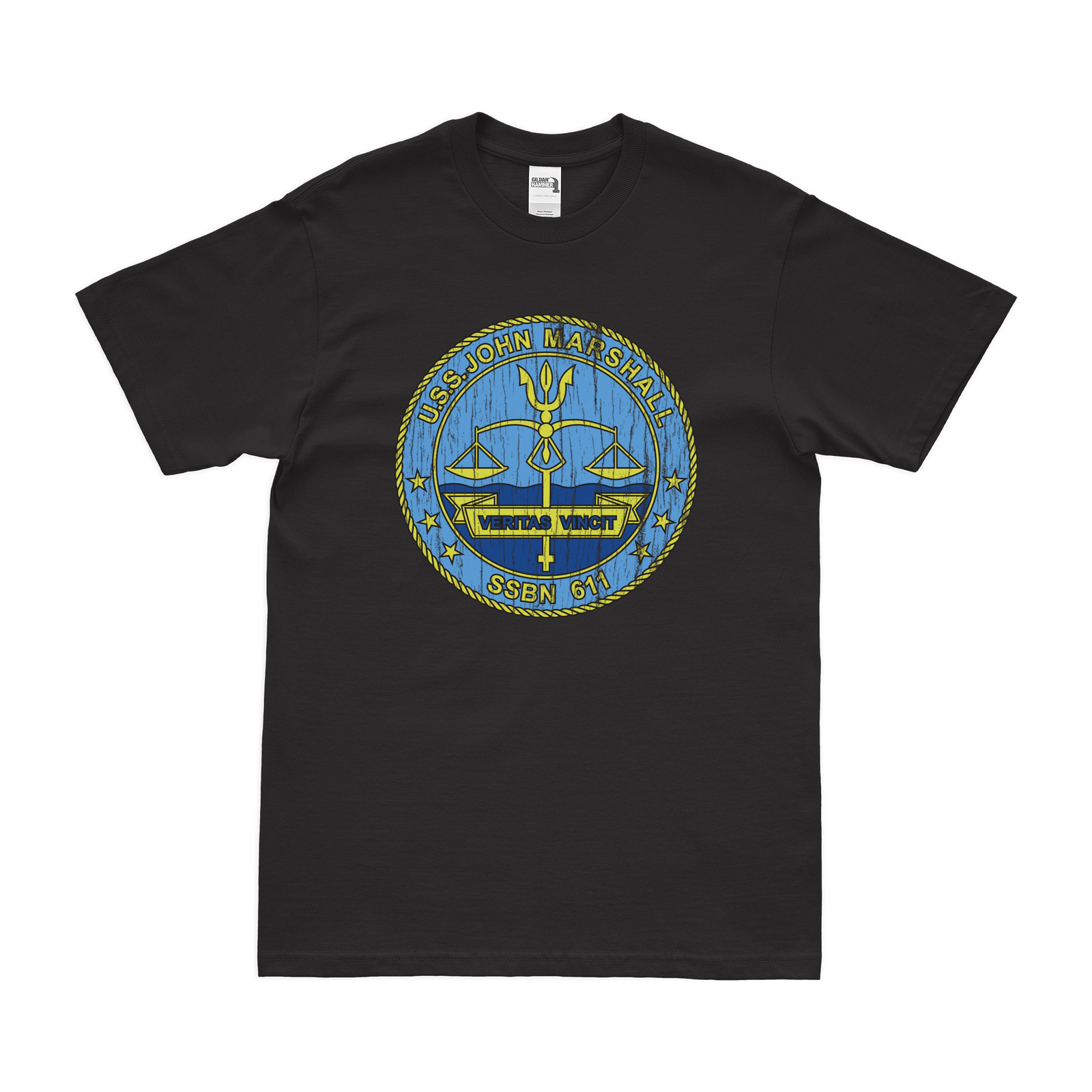 USS John Marshall (SSBN-611) Ballistic-Missile Submarine T-Shirt Tactically Acquired Black Distressed Small