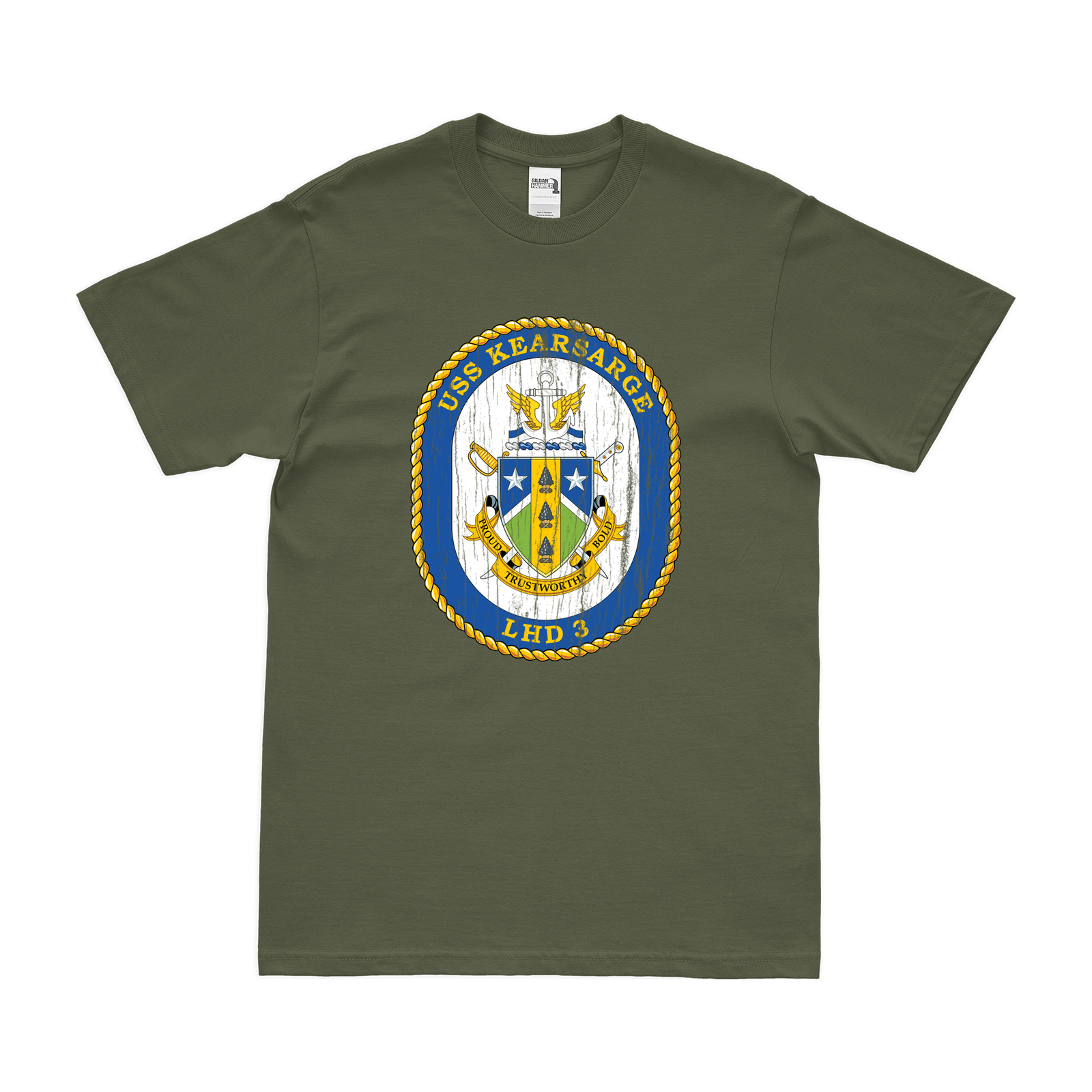 USS Kearsarge (LHD-3) Emblem T-Shirt Tactically Acquired Military Green Distressed Small