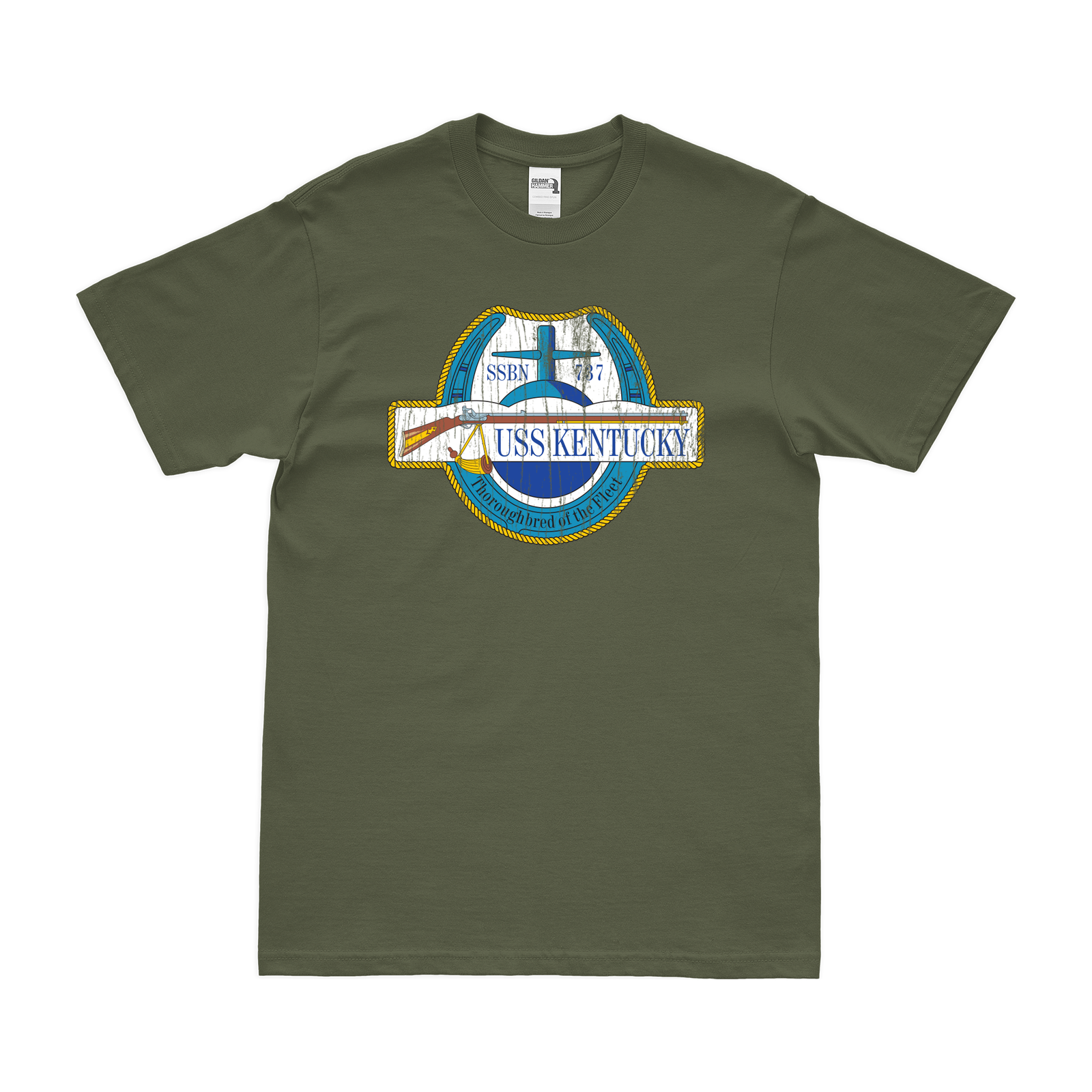 USS Kentucky (SSBN-737) Ballistic-Missile Submarine T-Shirt Tactically Acquired Military Green Distressed Small