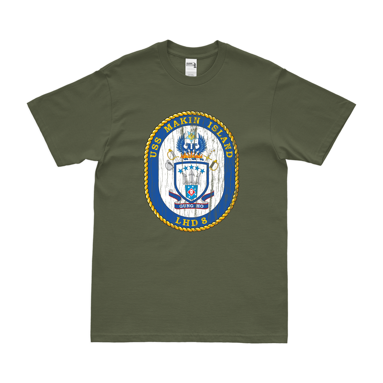 USS Makin Island (LHD-8) Emblem T-Shirt Tactically Acquired Military Green Distressed Small