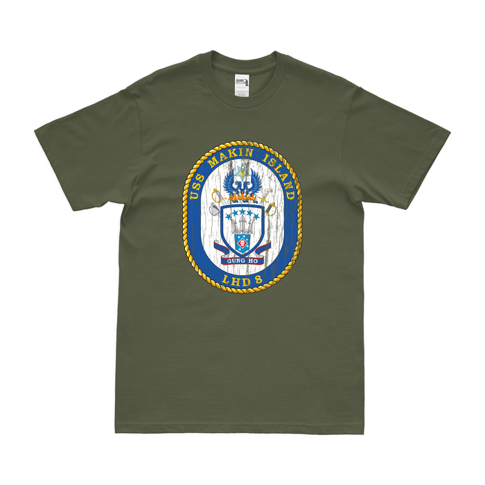 USS Makin Island (LHD-8) Emblem T-Shirt Tactically Acquired Military Green Distressed Small