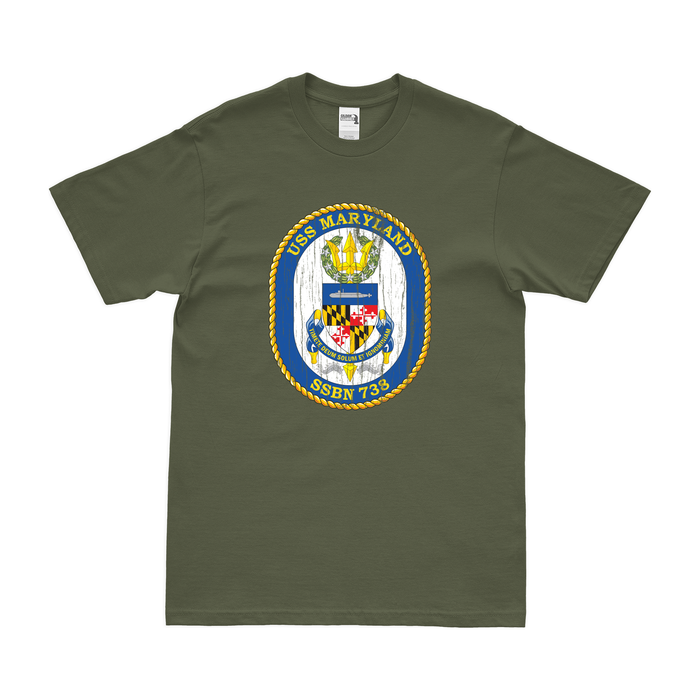 USS Maryland (SSBN-738) Ballistic-Missile Submarine T-Shirt Tactically Acquired Military Green Distressed Small
