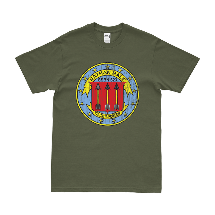 USS Nathan Hale (SSBN-623) Ballistic-Missile Submarine T-Shirt Tactically Acquired Military Green Distressed Small