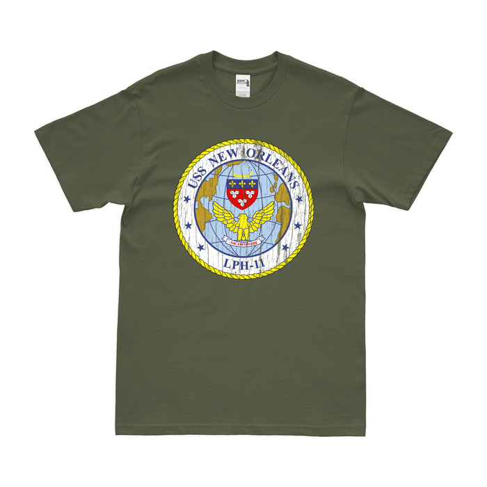 USS New Orleans (LPH-11) Emblem T-Shirt Tactically Acquired Military Green Distressed Small