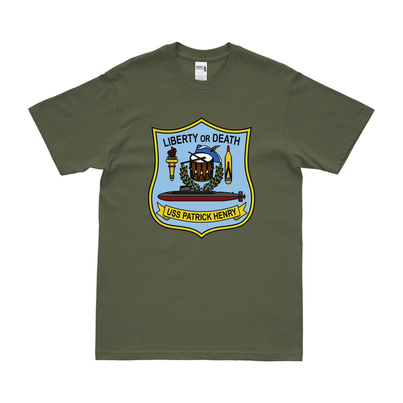 USS Patrick Henry (SSBN-599) Ballistic-Missile Submarine T-Shirt Tactically Acquired Military Green Clean Small
