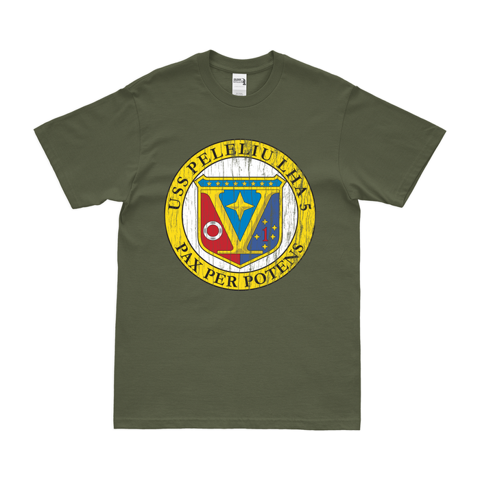 USS Peleliu (LHA-5) Emblem T-Shirt Tactically Acquired Military Green Distressed Small