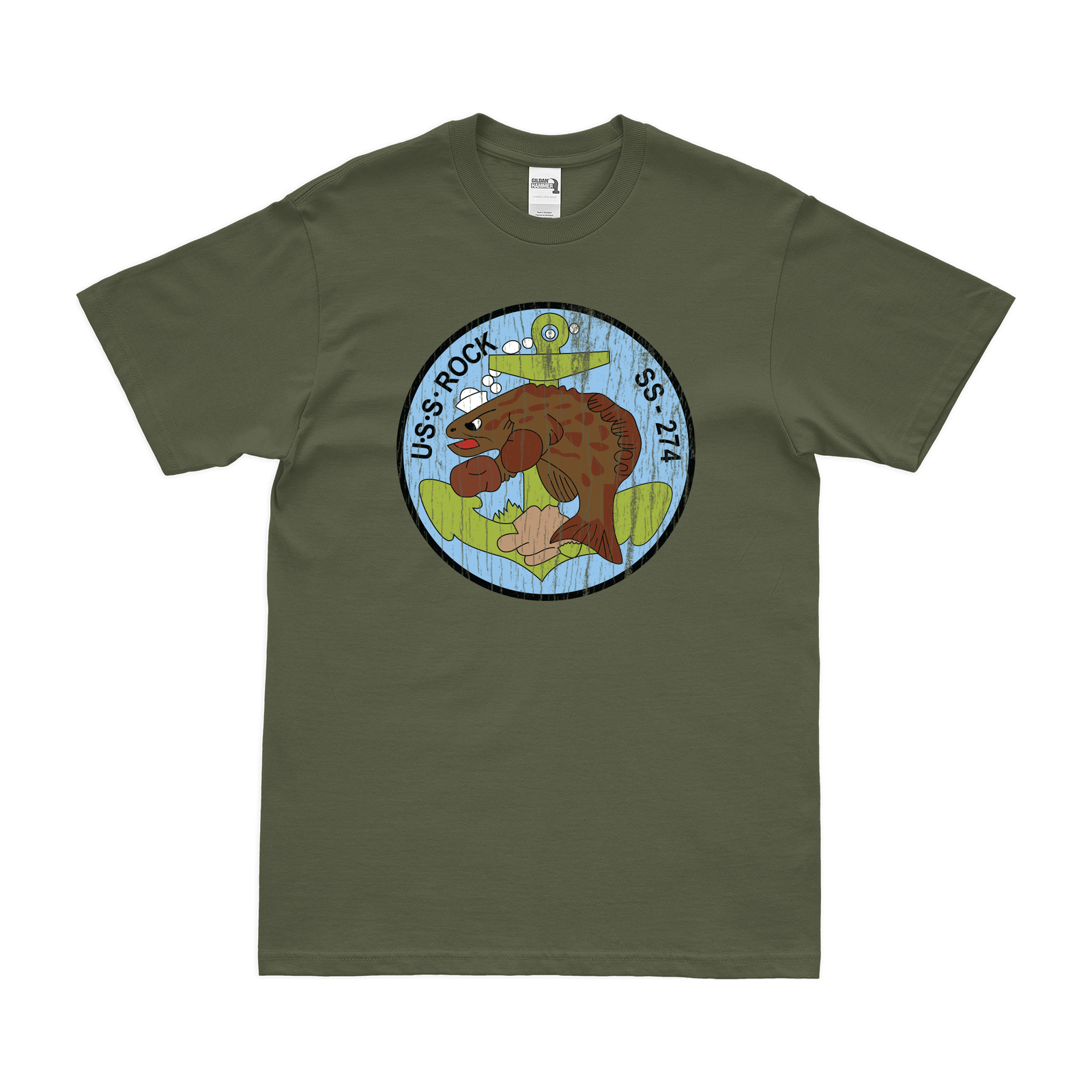 USS Rock (SS-274) Gato-class Submarine T-Shirt Tactically Acquired Military Green Distressed Small