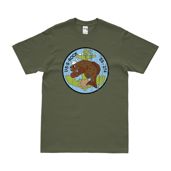 USS Rock (SS-274) Gato-class Submarine T-Shirt Tactically Acquired Military Green Distressed Small