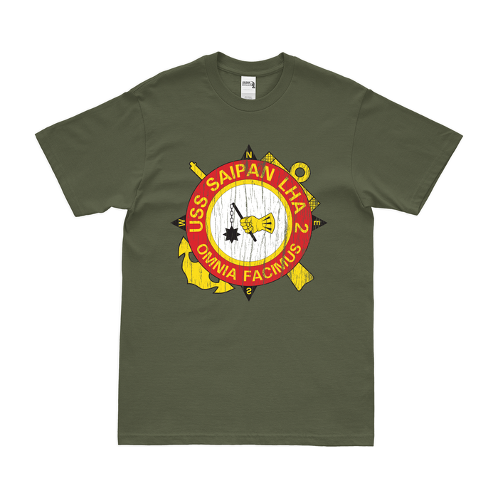 USS Saipan (LHA-2) Emblem T-Shirt Tactically Acquired Military Green Distressed Small