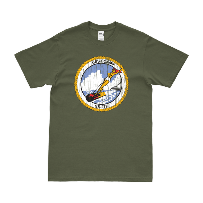 USS Scamp (SS-277) Gato-class Submarine T-Shirt Tactically Acquired Military Green Distressed Small