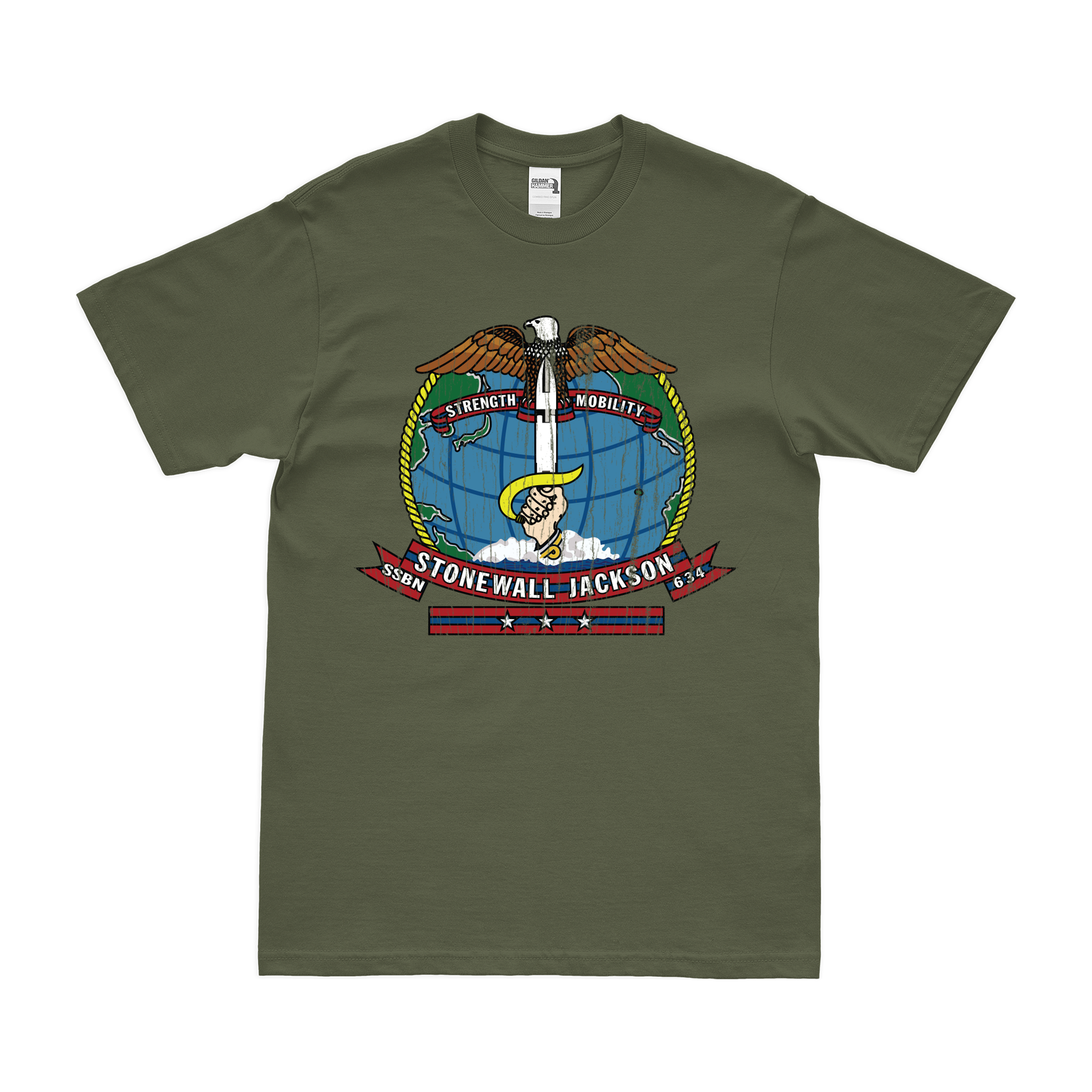 USS Stonewall Jackson (SSBN-634) Ballistic-Missile Submarine T-Shirt Tactically Acquired Military Green Distressed Small