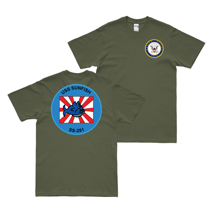 Double-Sided USS Sunfish (SS-281) Gato-class Submarine T-Shirt Tactically Acquired Military Green Clean Small
