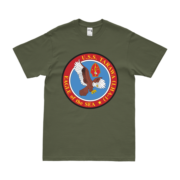 USS Tarawa (LHA-1) Ship's Crest Logo T-Shirt Tactically Acquired Military Green Clean Small