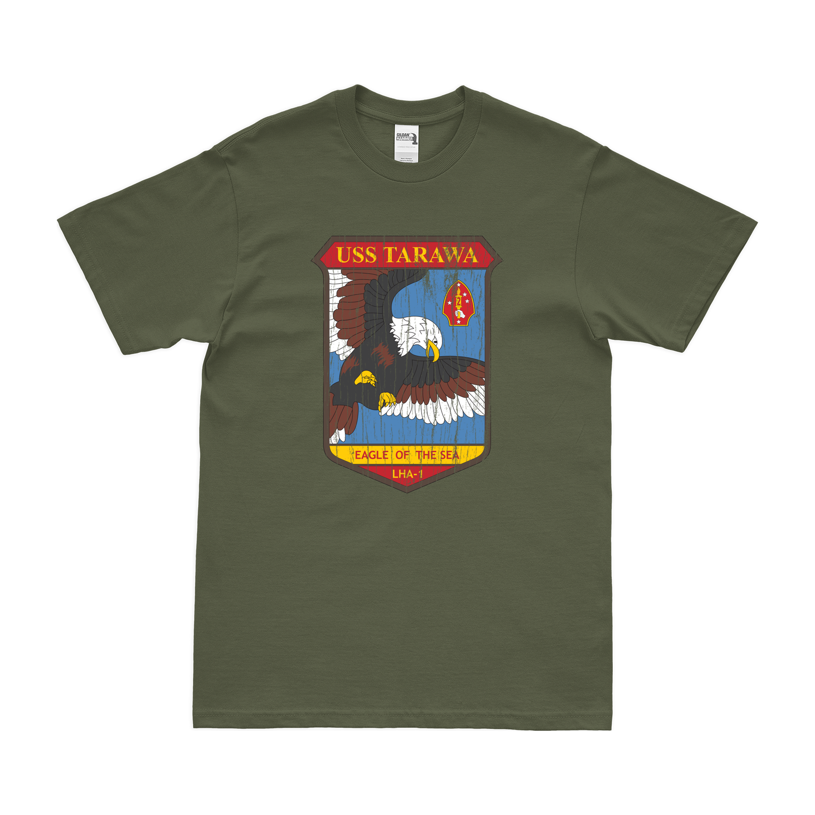 USS Tarawa (LHA-1) Emblem T-Shirt Tactically Acquired Military Green Distressed Small