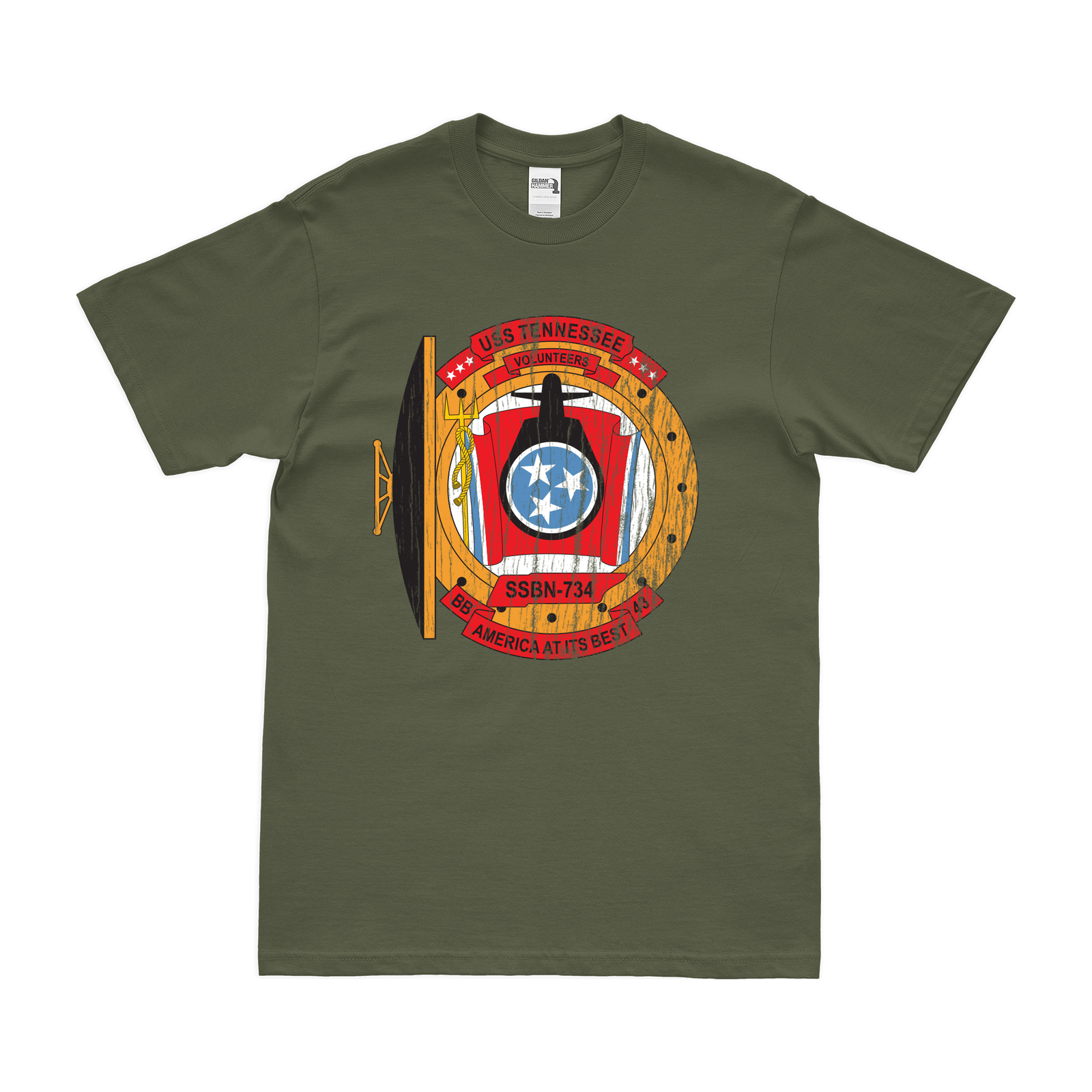 USS Tennessee (SSBN-734) Ballistic-Missile Submarine T-Shirt Tactically Acquired Military Green Distressed Small