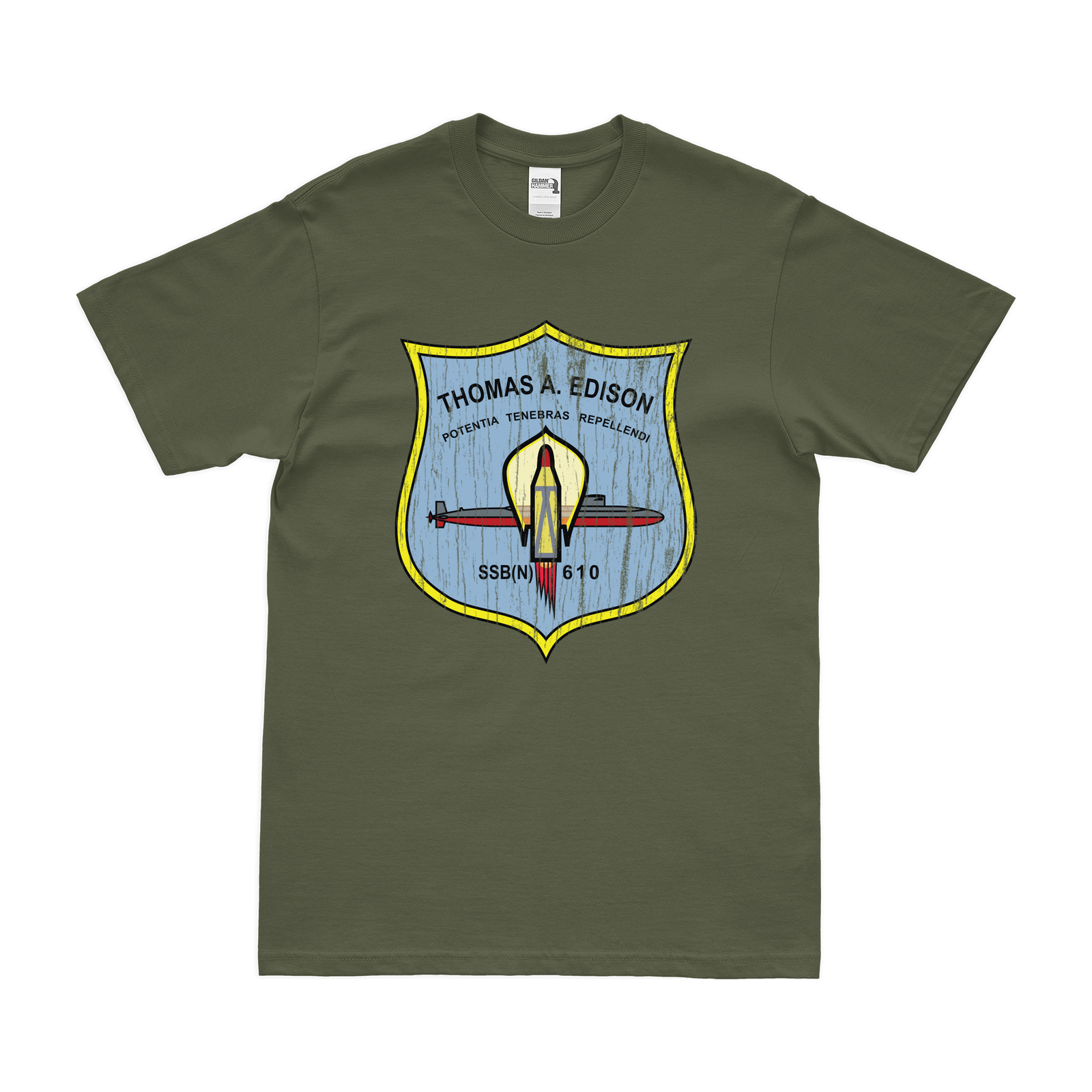 USS Thomas A. Edison (SSBN-610) Ballistic-Missile Submarine T-Shirt Tactically Acquired Military Green Distressed Small
