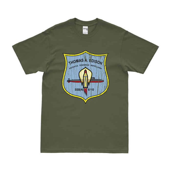 USS Thomas A. Edison (SSBN-610) Ballistic-Missile Submarine T-Shirt Tactically Acquired Military Green Distressed Small