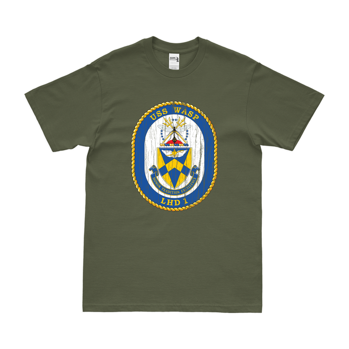 USS Wasp (LHD-1) Emblem T-Shirt Tactically Acquired Military Green Distressed Small