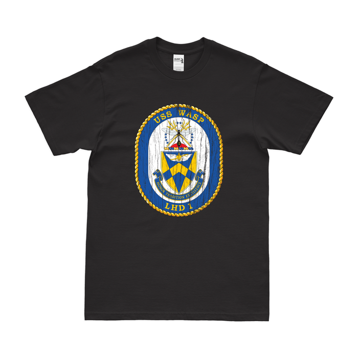 USS Wasp (LHD-1) Emblem T-Shirt Tactically Acquired Black Distressed Small