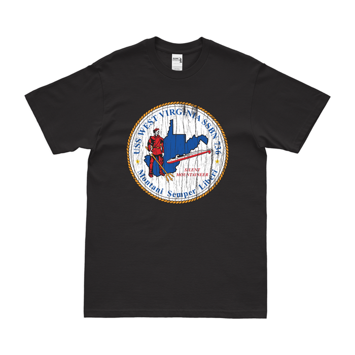 USS West Virginia (SSBN-736) Ballistic-Missile Submarine T-Shirt Tactically Acquired Black Distressed Small
