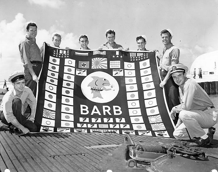 USS Barb (SS-220) Crew posing with Submarine WW2 Battle Flag