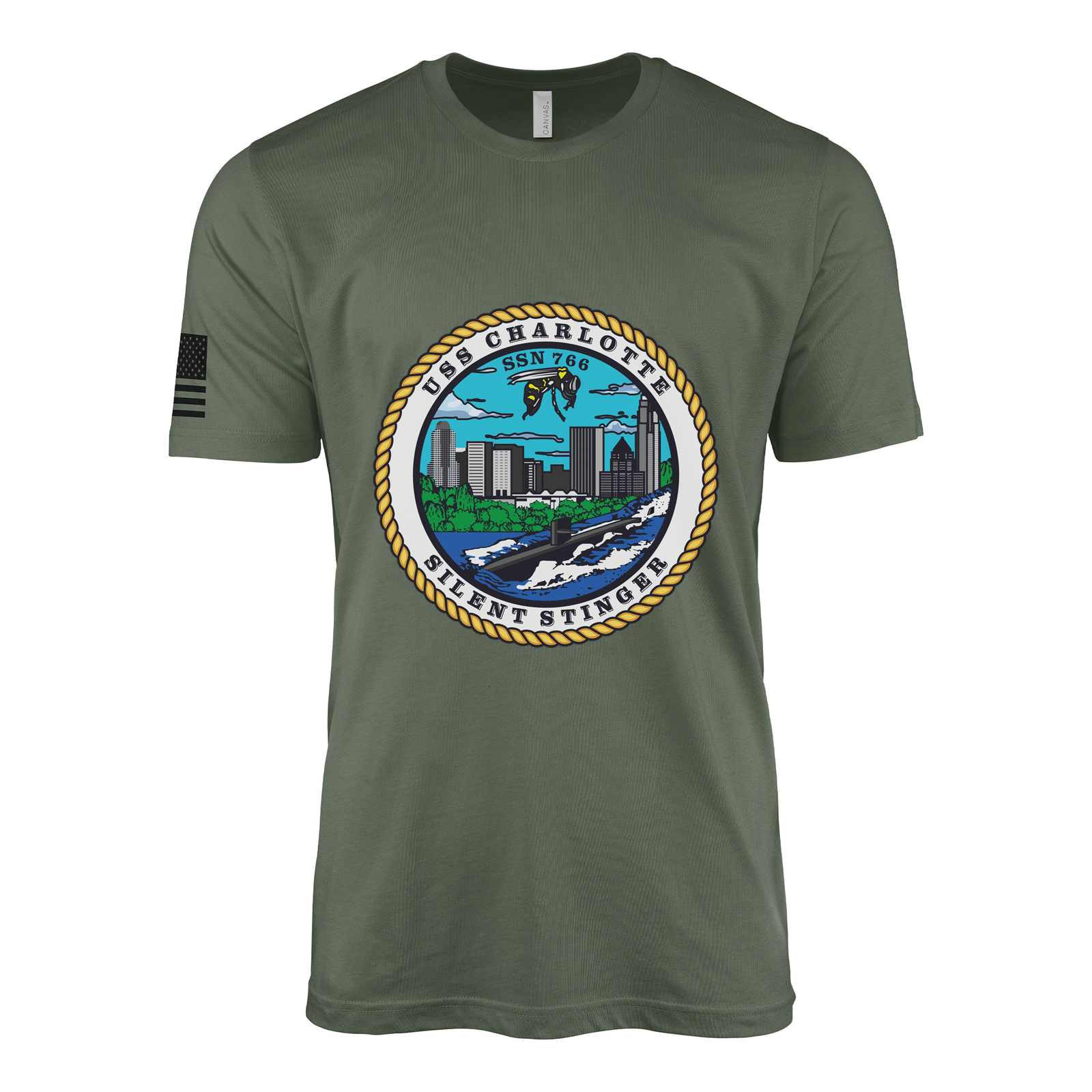 USS Charlotte (SSN-766) Submarine T-Shirt Tactically Acquired Military Green L