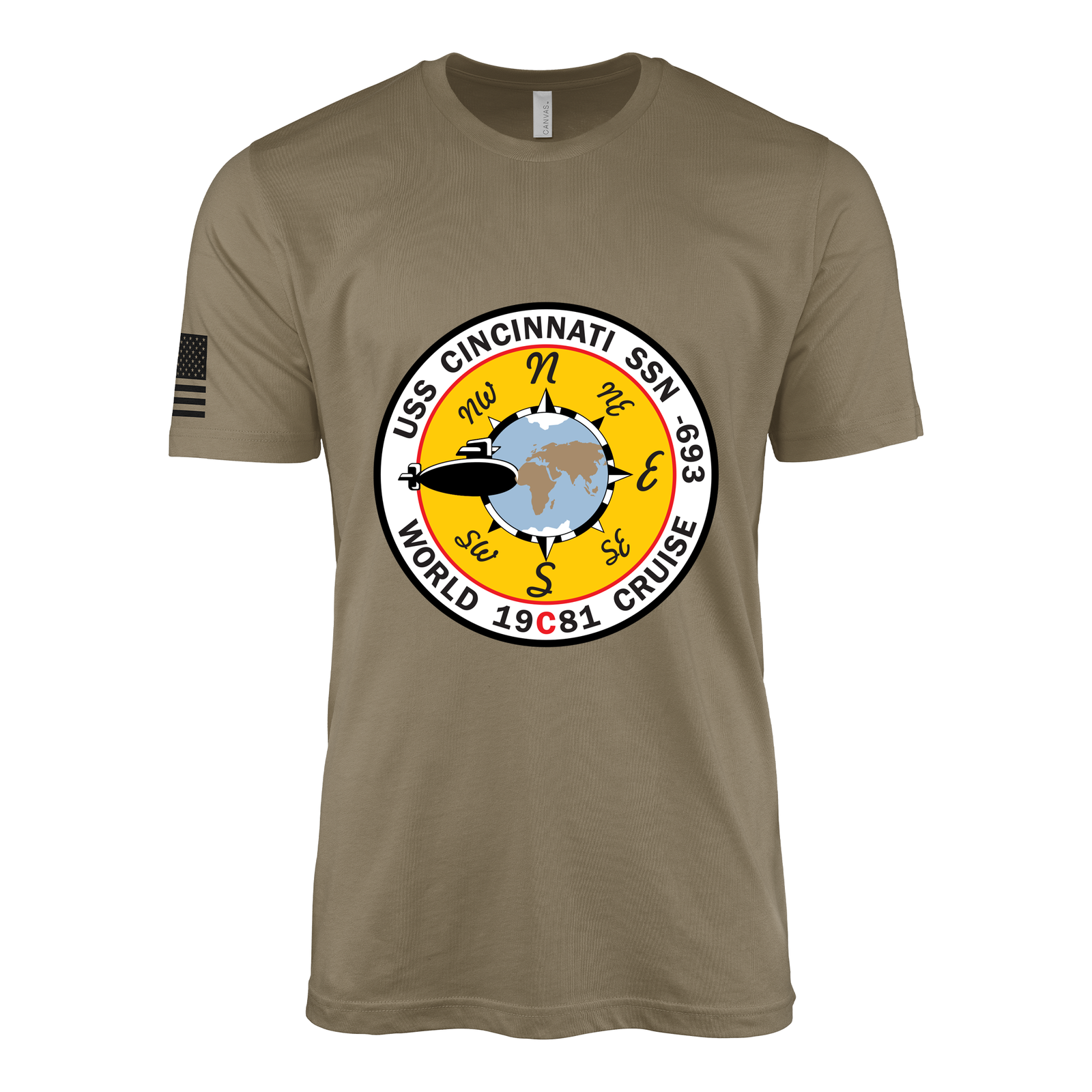 USS Cincinnati (SSN-693) Submarine T-Shirt Tactically Acquired Coyote Brown S